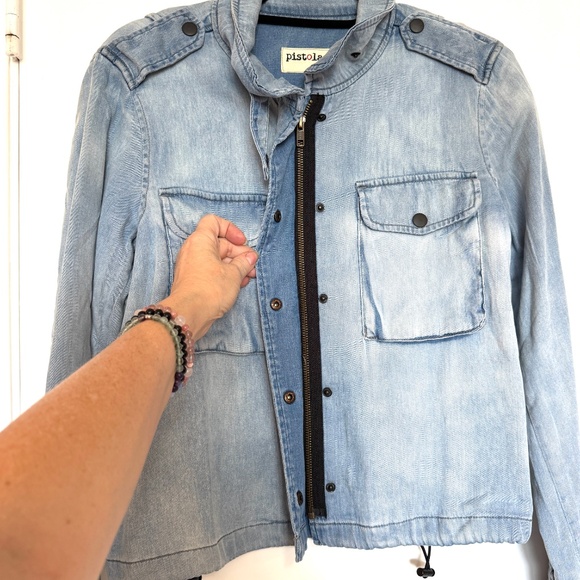 Pistola Chambray Blue Tencel & Cotton Utility Bomber Cargo Womans Jacket Size S - Picture 10 of 17